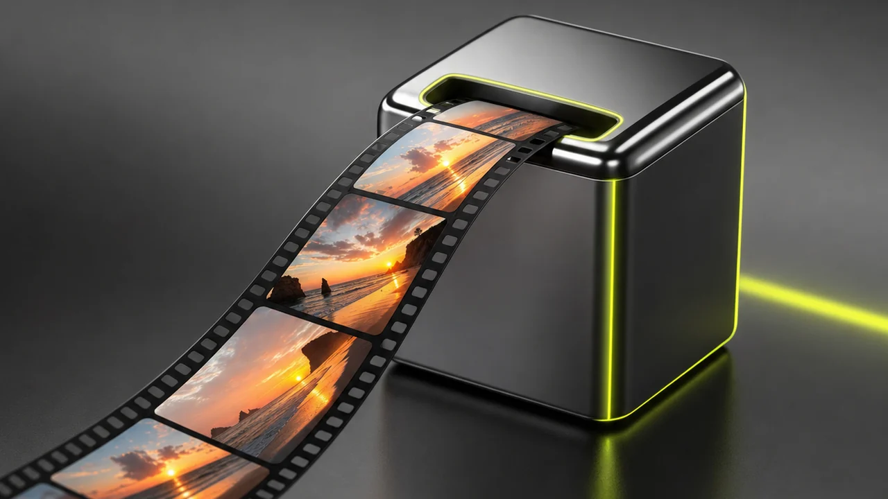 A ribbon of film strip feeding into a small polished cube-shaped container, created with Pixazo AI
