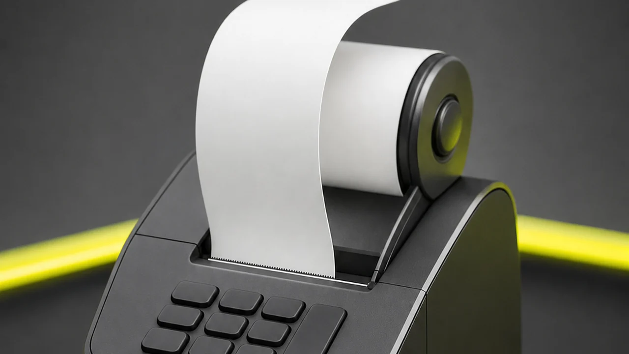 A long blank receipt tape curling out of a compact desktop ledger machine, created with Pixazo AI