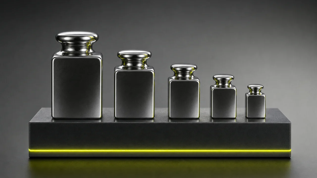 A descending row of polished metal calibration weight blocks on a plinth, created with Pixazo AI
