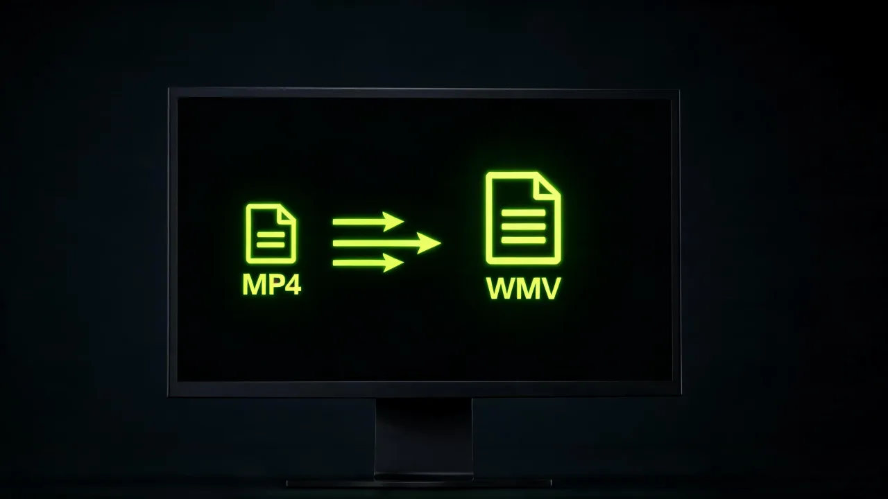 Convert MP4 to WMV, a modern MP4 becoming a Windows Media file for PowerPoint and legacy Windows software, created with Pixazo AI