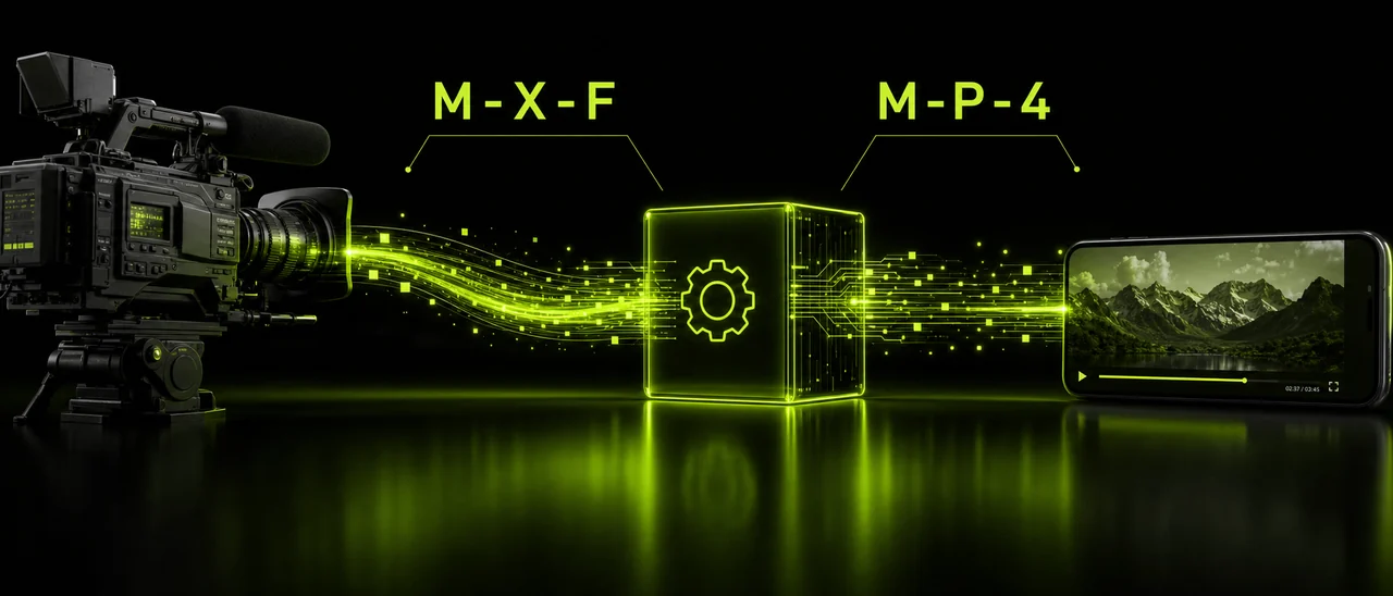 Convert MXF to MP4, broadcast camera footage becoming a universal MP4, created with Pixazo AI