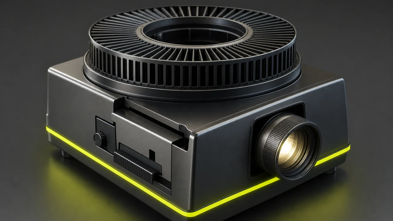 Convert PNG to MP4, a single PNG slide advancing through a projector into motion, created with Pixazo AI