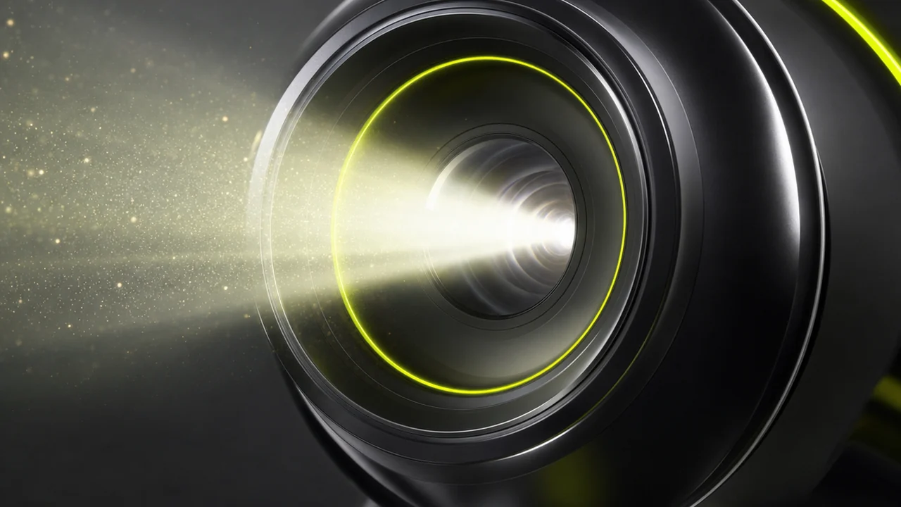 A projector lens throwing a wide cone of light through drifting dust, created with Pixazo AI