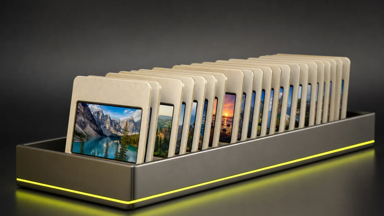 A tray of mounted photographic slides waiting to be projected, created with Pixazo AI
