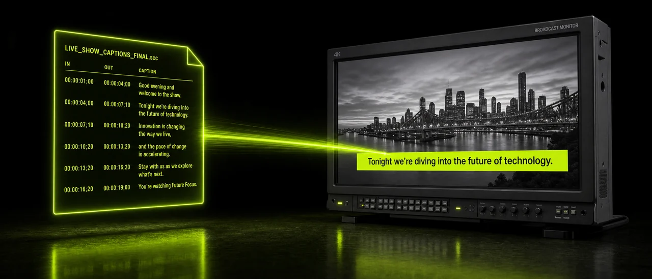 Convert SCC to SRT, a broadcast closed-caption file becoming a plain subtitle file, created with Pixazo AI