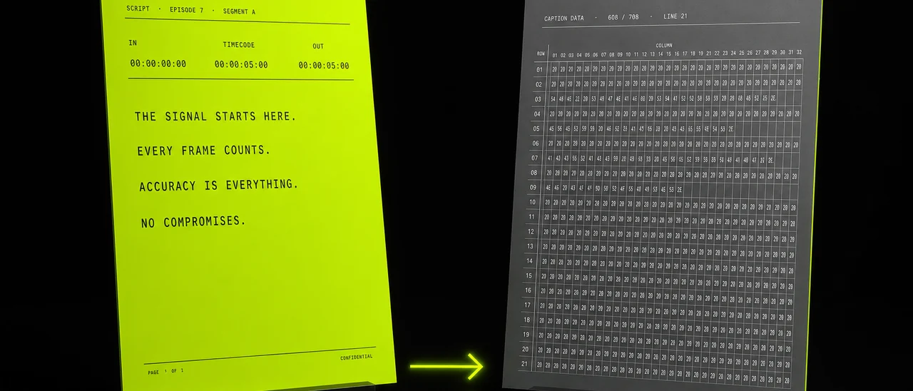Convert SRT to SCC, a web subtitle file becoming a broadcast closed-caption file, created with Pixazo AI