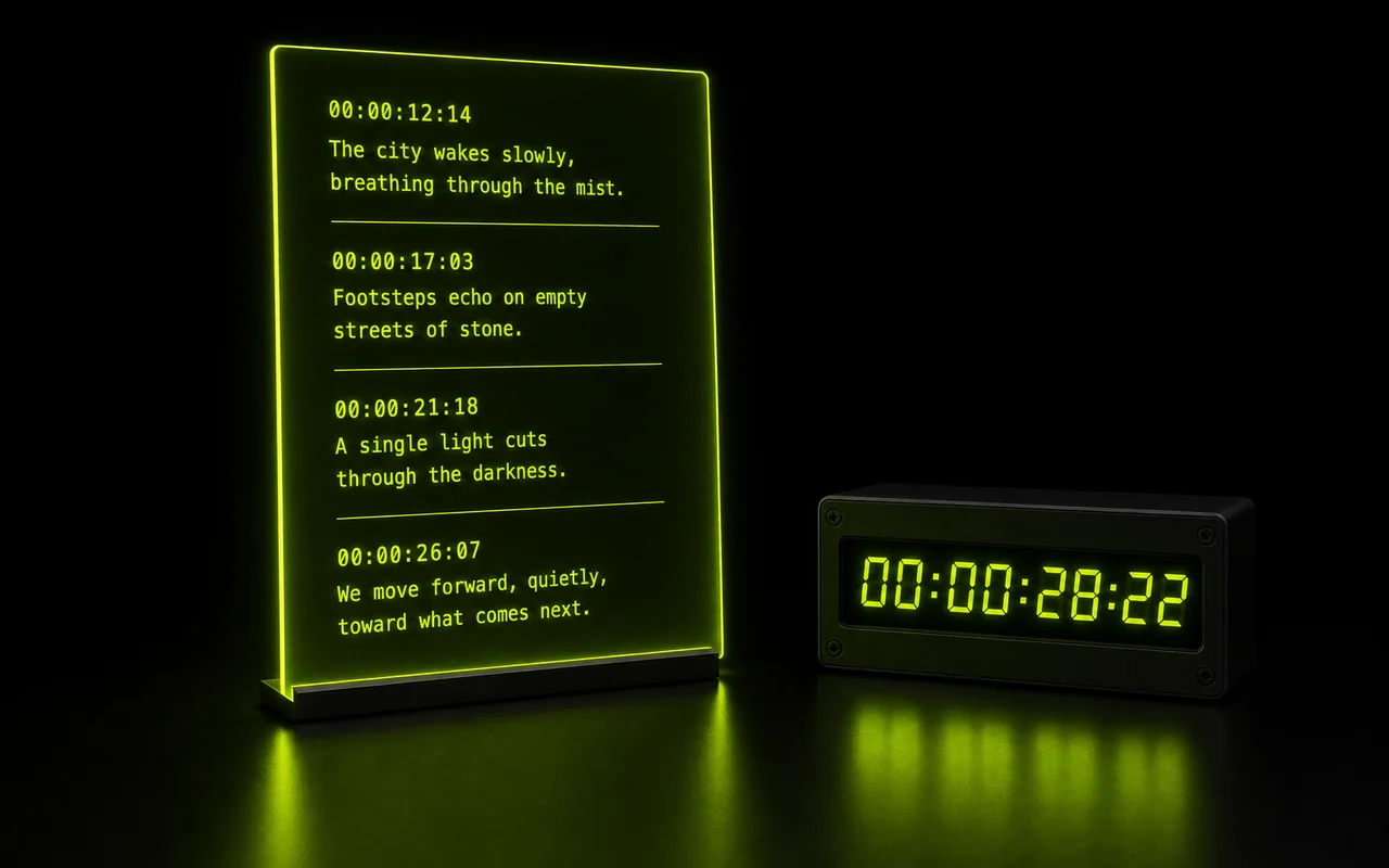 Illustration of subtitle cue timings being mapped onto a frame-accurate 29.97 drop-frame timecode grid for an SCC caption file, created with Pixazo AI