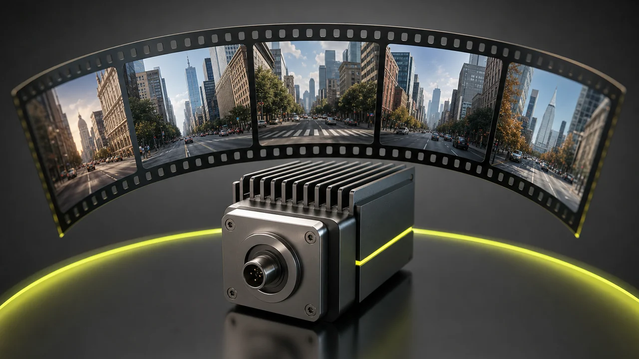 A row of film frames feeding into a machined encoder block on a studio bench, created with Pixazo AI