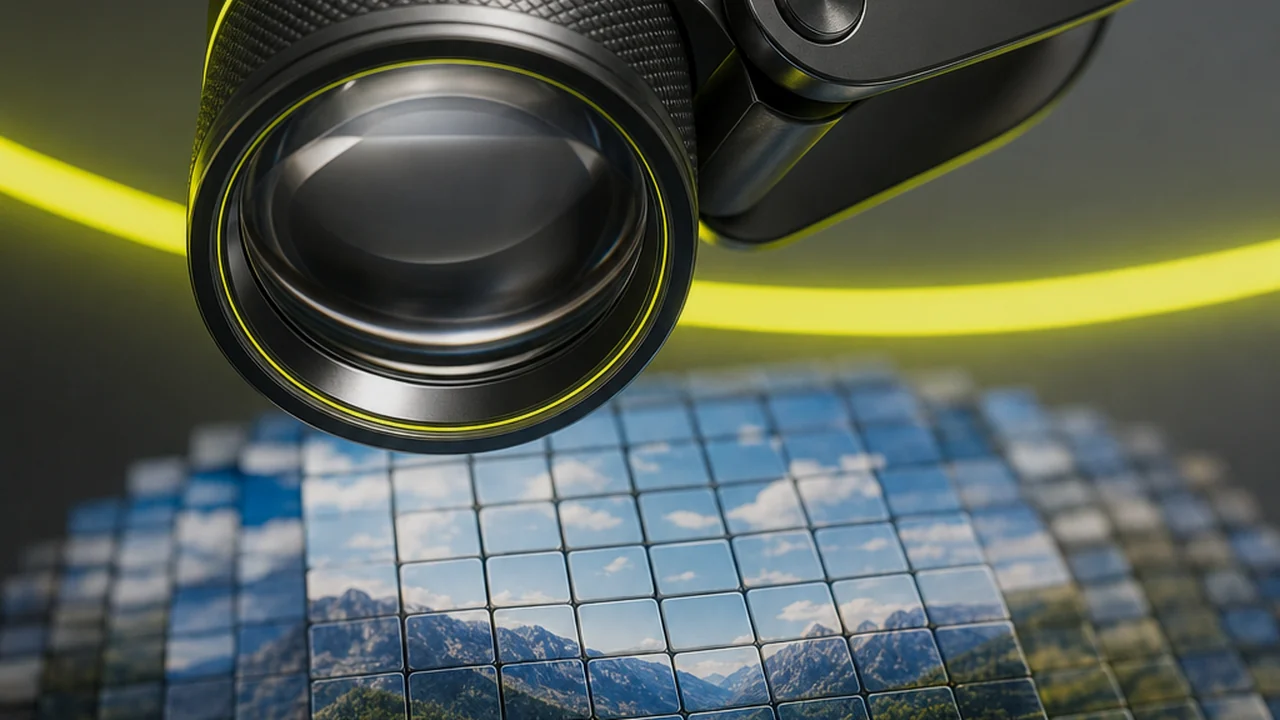 A magnifier held over a mosaic of square pixels resolving into a full-colour photograph, created with Pixazo AI