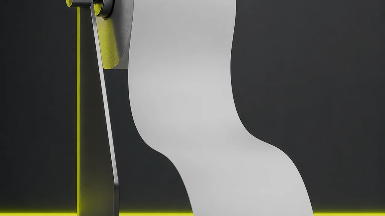 A spool of plotter paper unrolling across a workbench under a single lime edge light, created with Pixazo AI