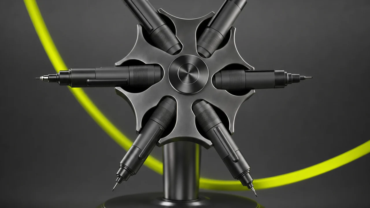 A rotating pen carousel holding drawing nibs of several widths above a plotter bed, created with Pixazo AI