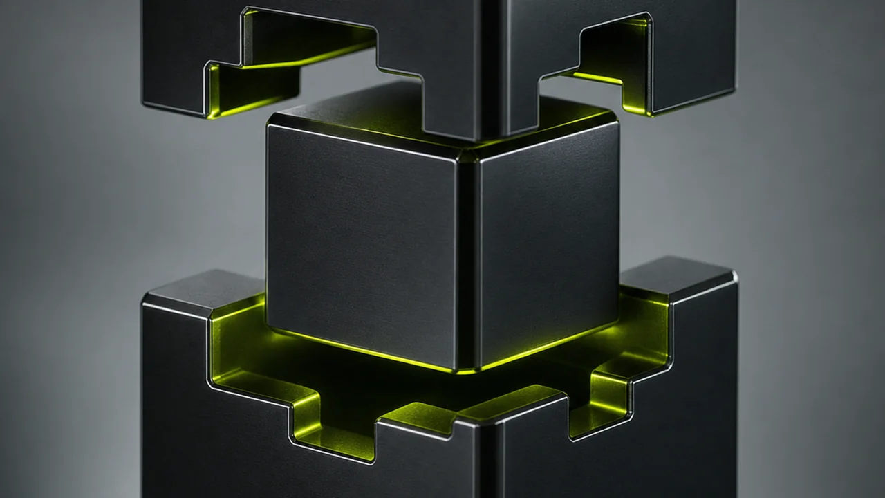 Interlocking machined metal blocks with a smaller cube nesting into a notched outer shell, created with Pixazo AI