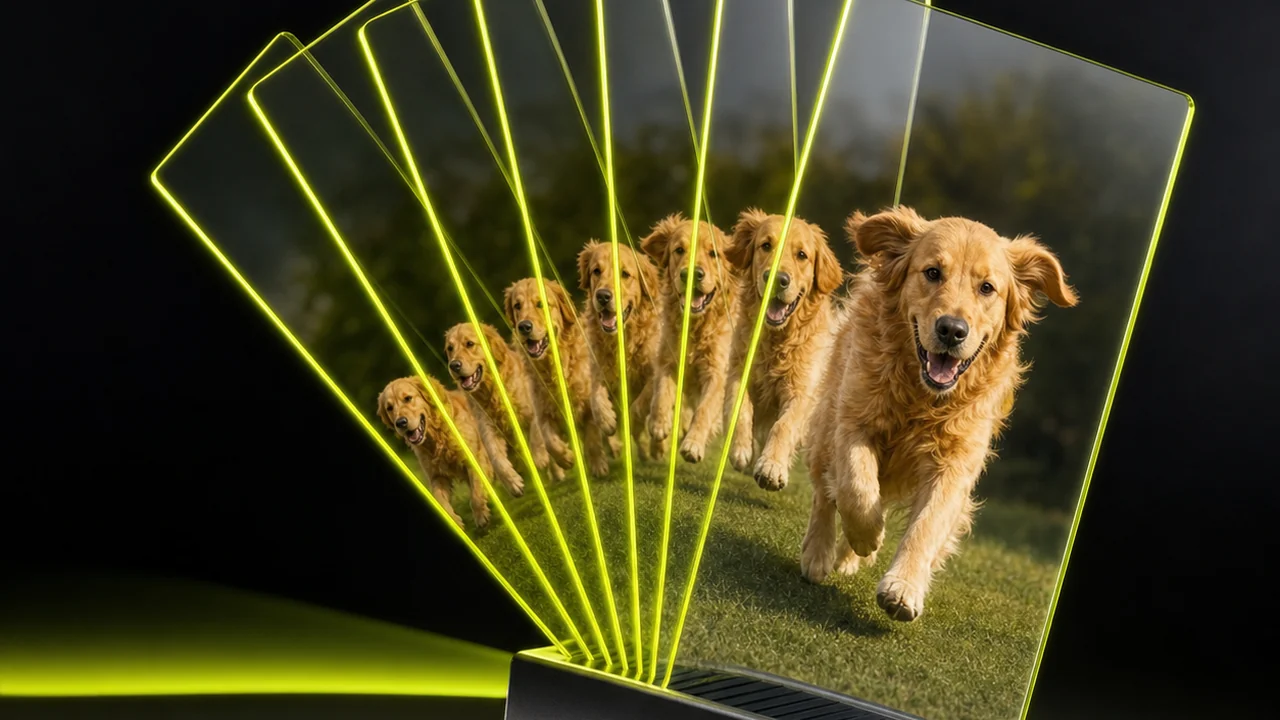 A fanned deck of transparent glass plates each holding a photograph of a running dog, created with Pixazo AI