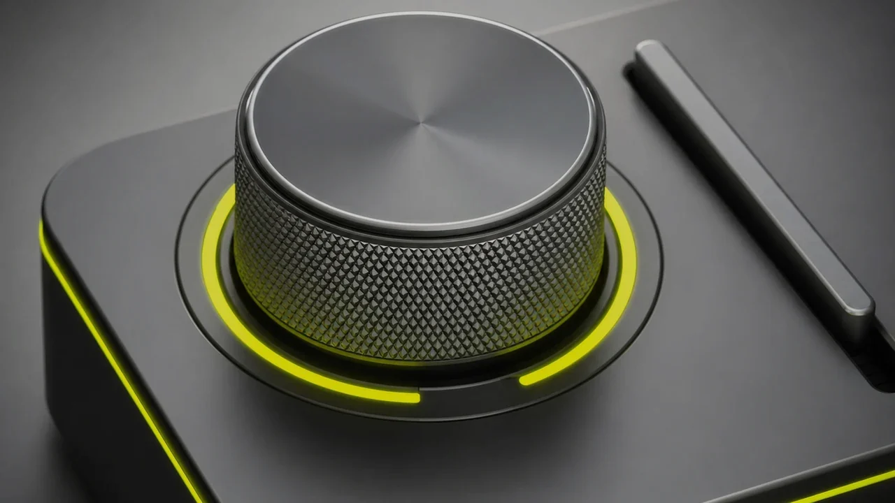 A knurled aluminium control dial on a graphite console with a glowing indicator ring, created with Pixazo AI