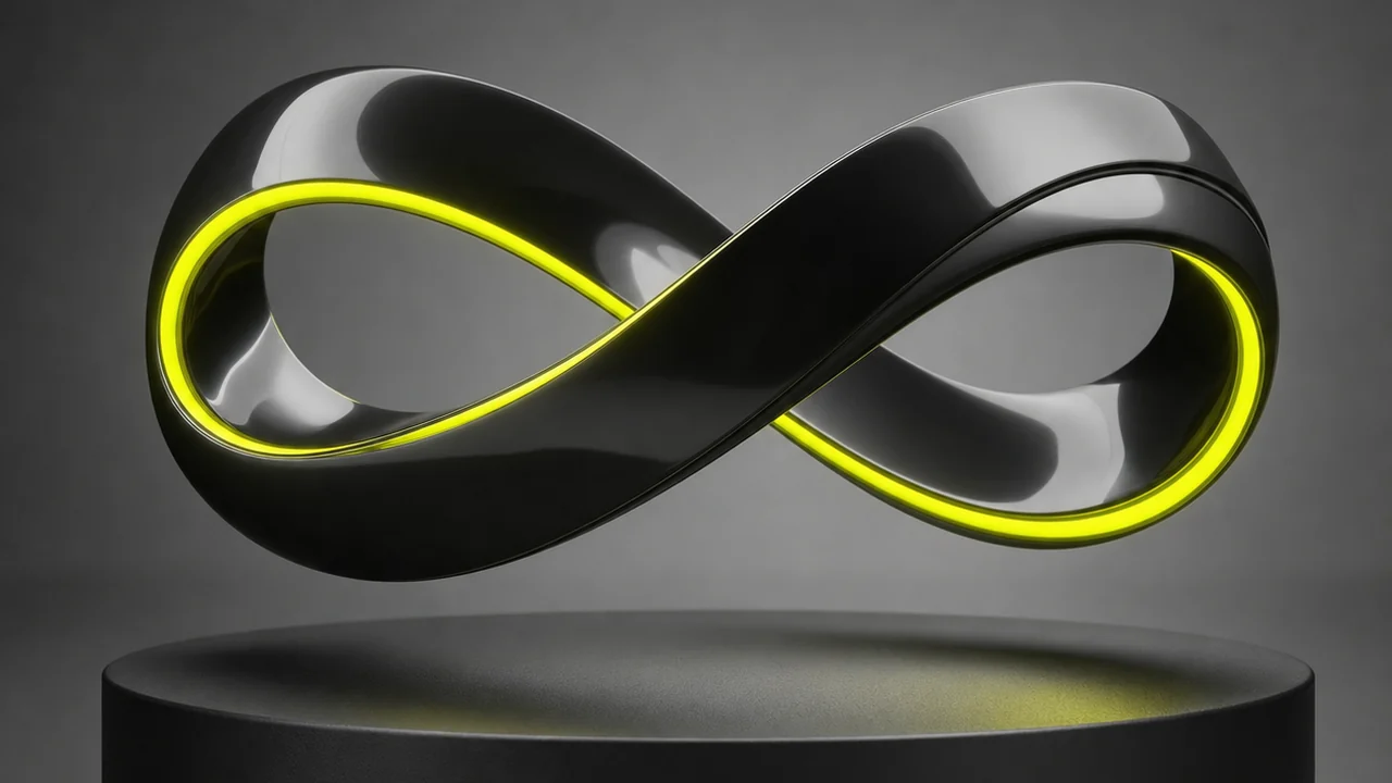 A polished graphite ribbon twisted into an endless loop with a glowing inner edge above a plinth, created with Pixazo AI