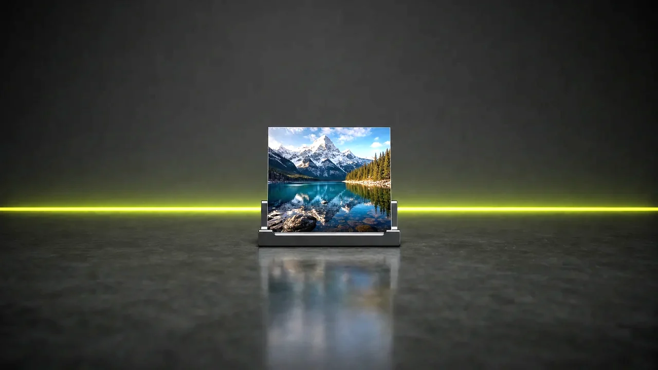 A single still photograph of a mountain lake resting in a metal easel stand on a dark studio floor, created with Pixazo AI