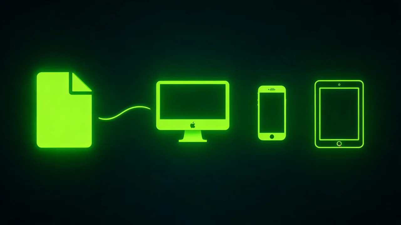 A converted MOV playing across a Mac, an iPhone and an iPad, created with Pixazo AI