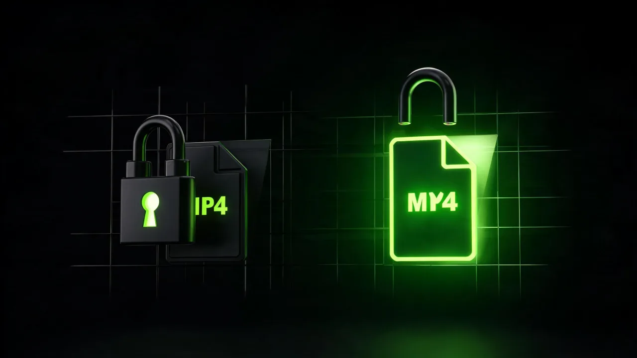 A locked video file unlocking into a universal MP4, created with Pixazo AI