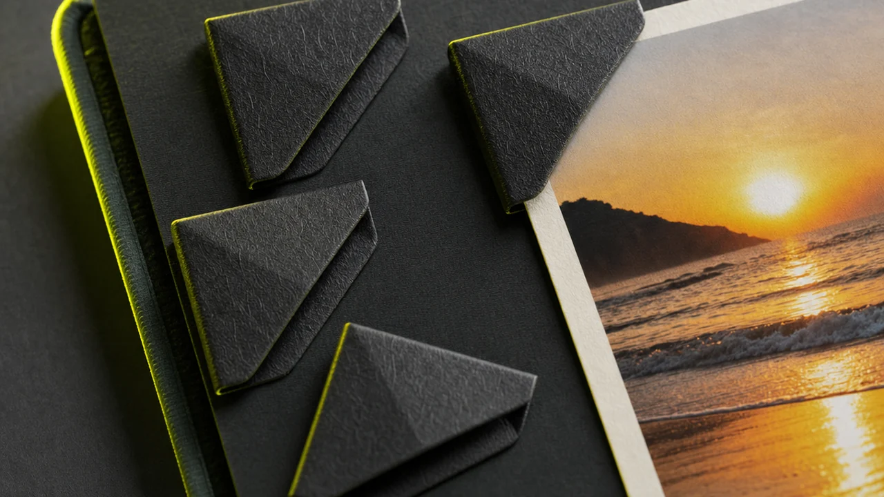 Gummed paper photo corners holding a print onto an album mount, created with Pixazo AI