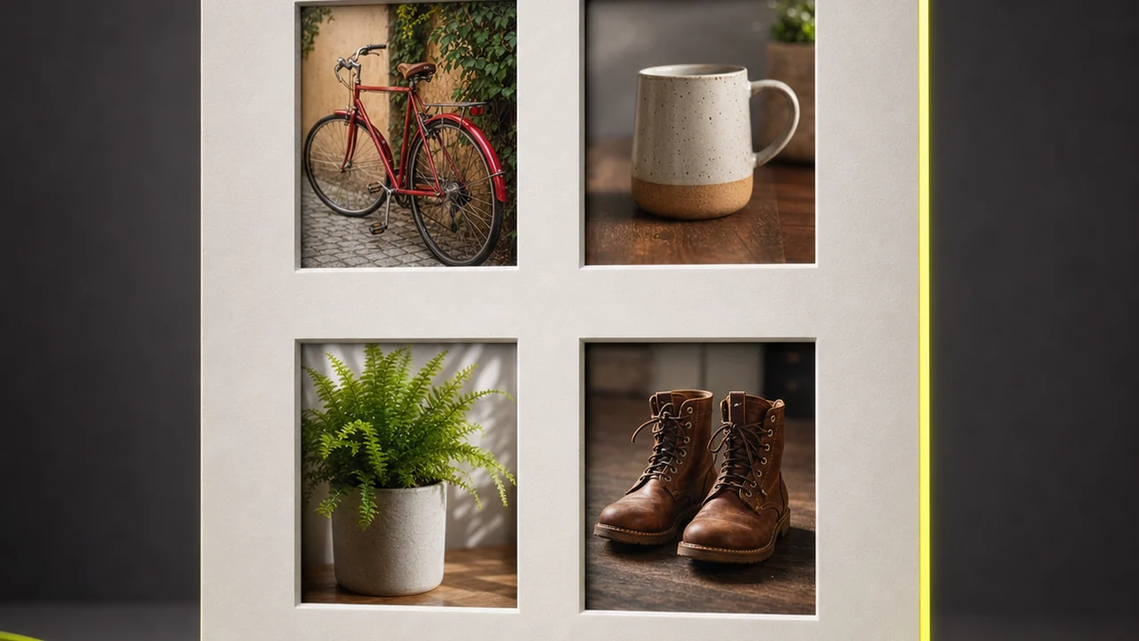 Four unrelated product photographs set into a two by two grid of mount windows, created with Pixazo AI