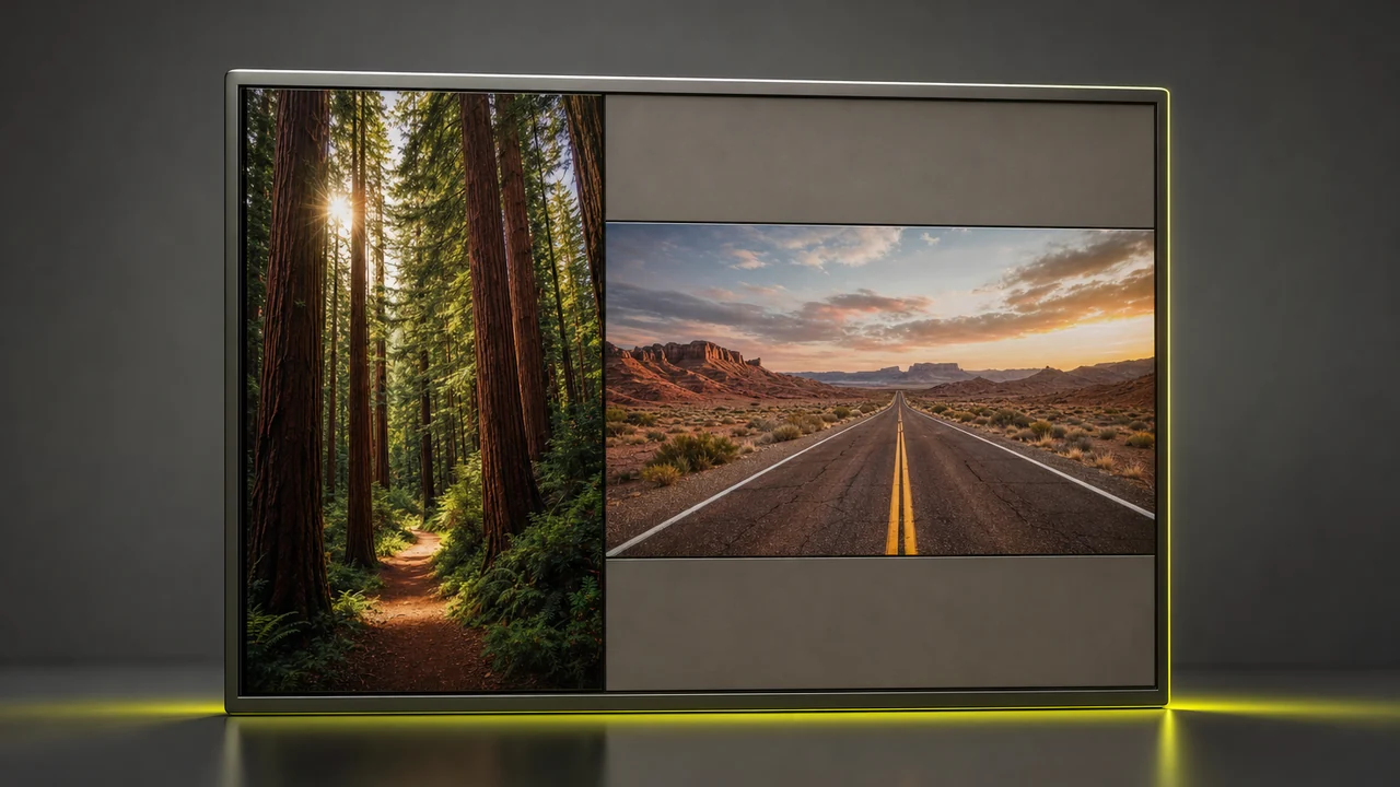 A tall forest photograph padded with plain card to match a wide desert photograph on the same mount, created with Pixazo AI