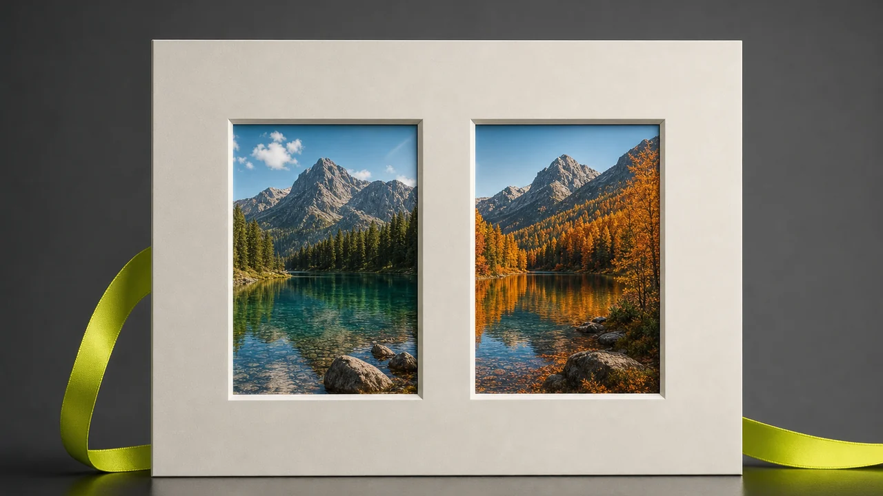 Two photographs of the same lake set into side by side windows on one mount board, created with Pixazo AI