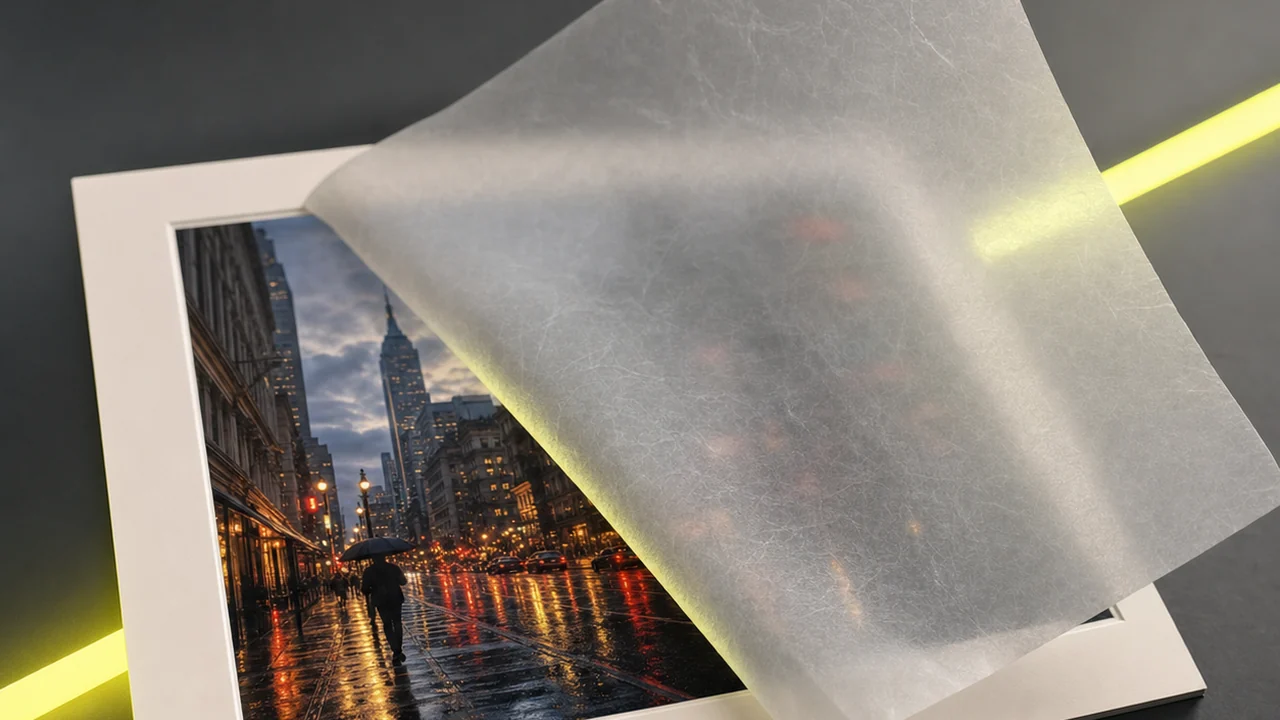 A glassine tissue interleaf lifted off a mounted photograph of a rainy street, created with Pixazo AI