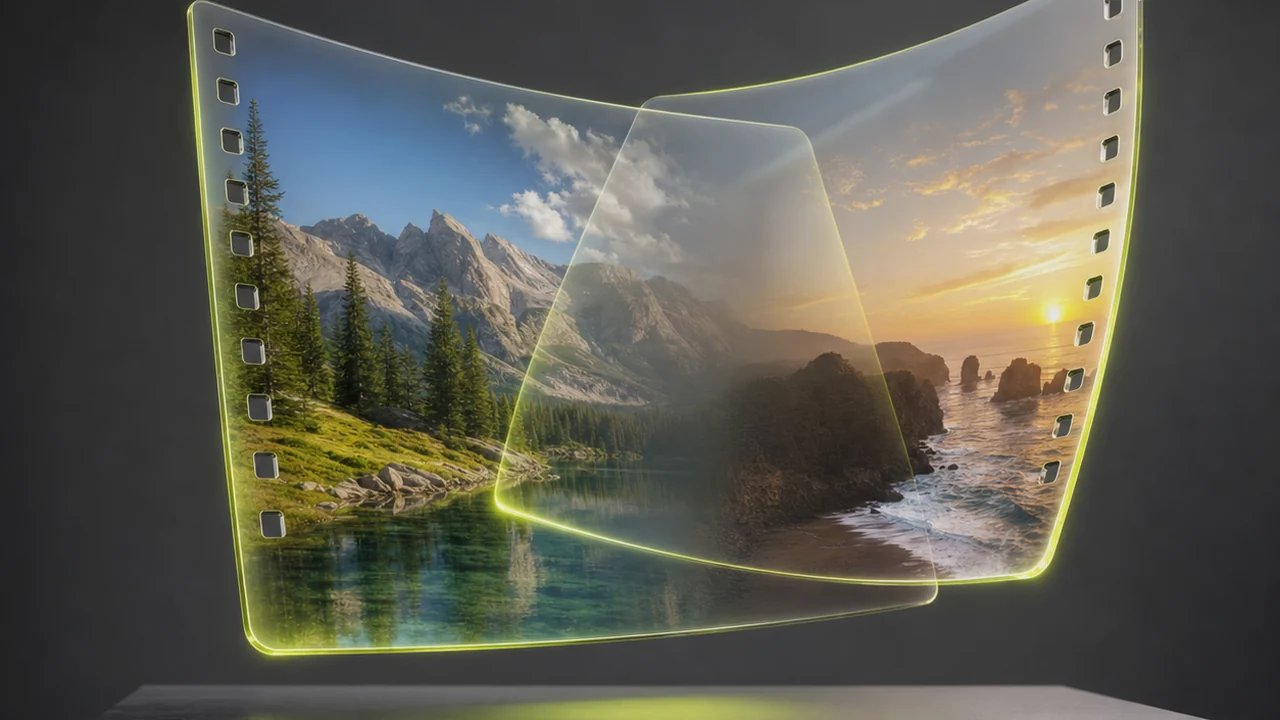 Two translucent glass film frames overlapping in mid-air above a bench, one photograph dissolving into the other, created with Pixazo AI