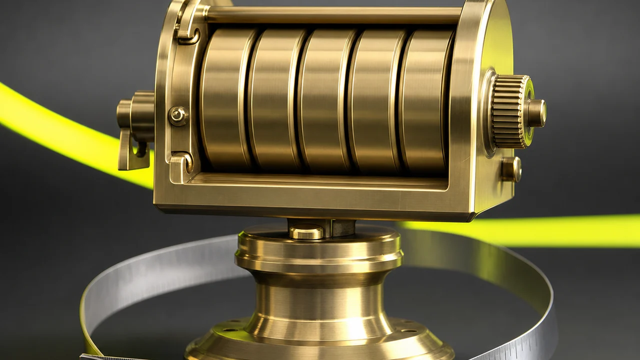 A brass mechanical footage counter with numbered drums mid-turn on a small stand with a measuring tape looping past, created with Pixazo AI
