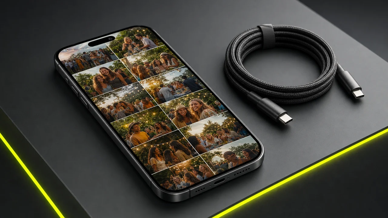 A smartphone resting on a graphite bench showing a grid of photo thumbnails from a party beside a coiled cable, created with Pixazo AI
