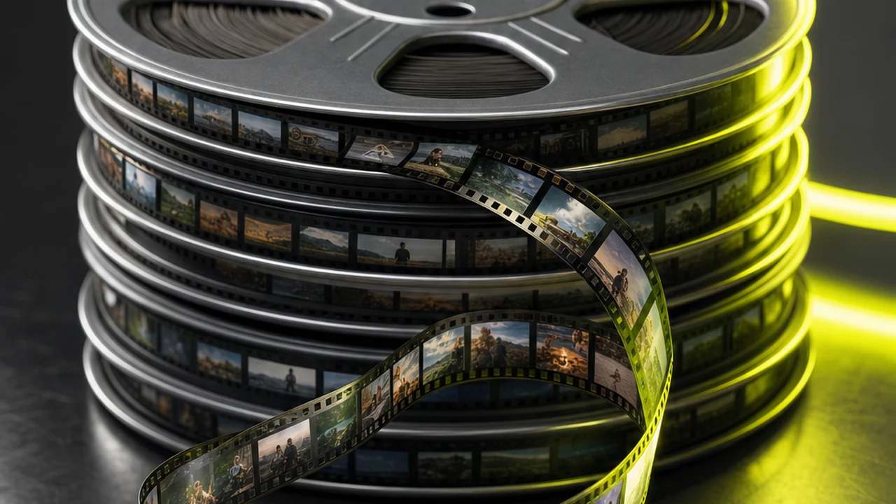 A stack of wound film reels waiting on a bench with one leader partly unspooled, created with Pixazo AI