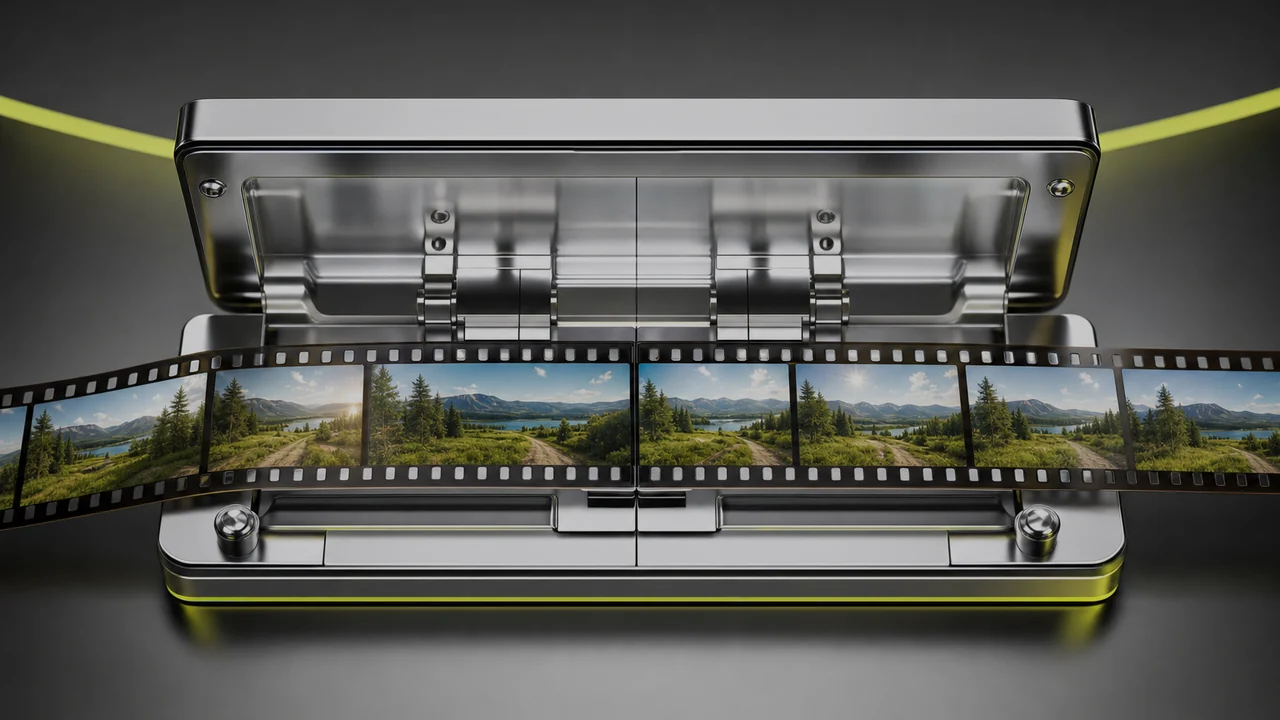 Two strips of film aligned end to end inside a metal splice block on a workbench, created with Pixazo AI