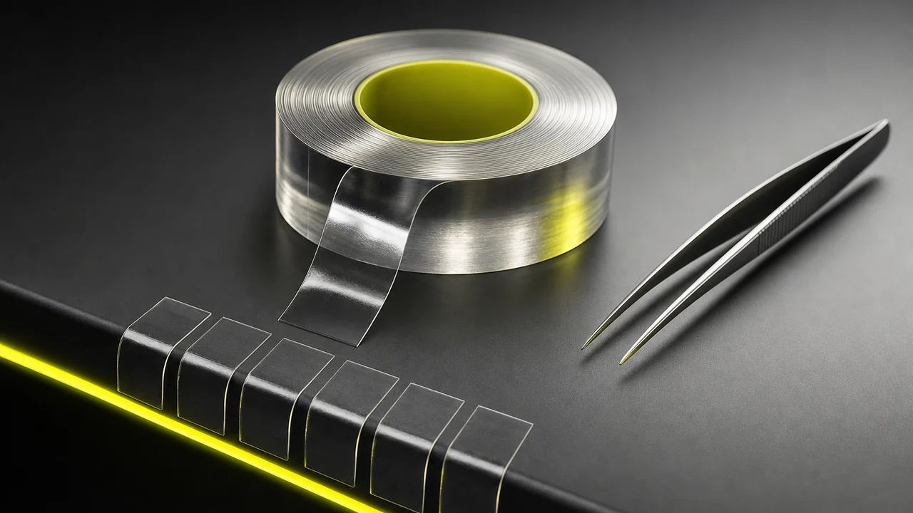 A roll of clear splicing tape with pre-cut tabs peeled onto the edge of a bench beside a pair of tweezers, created with Pixazo AI