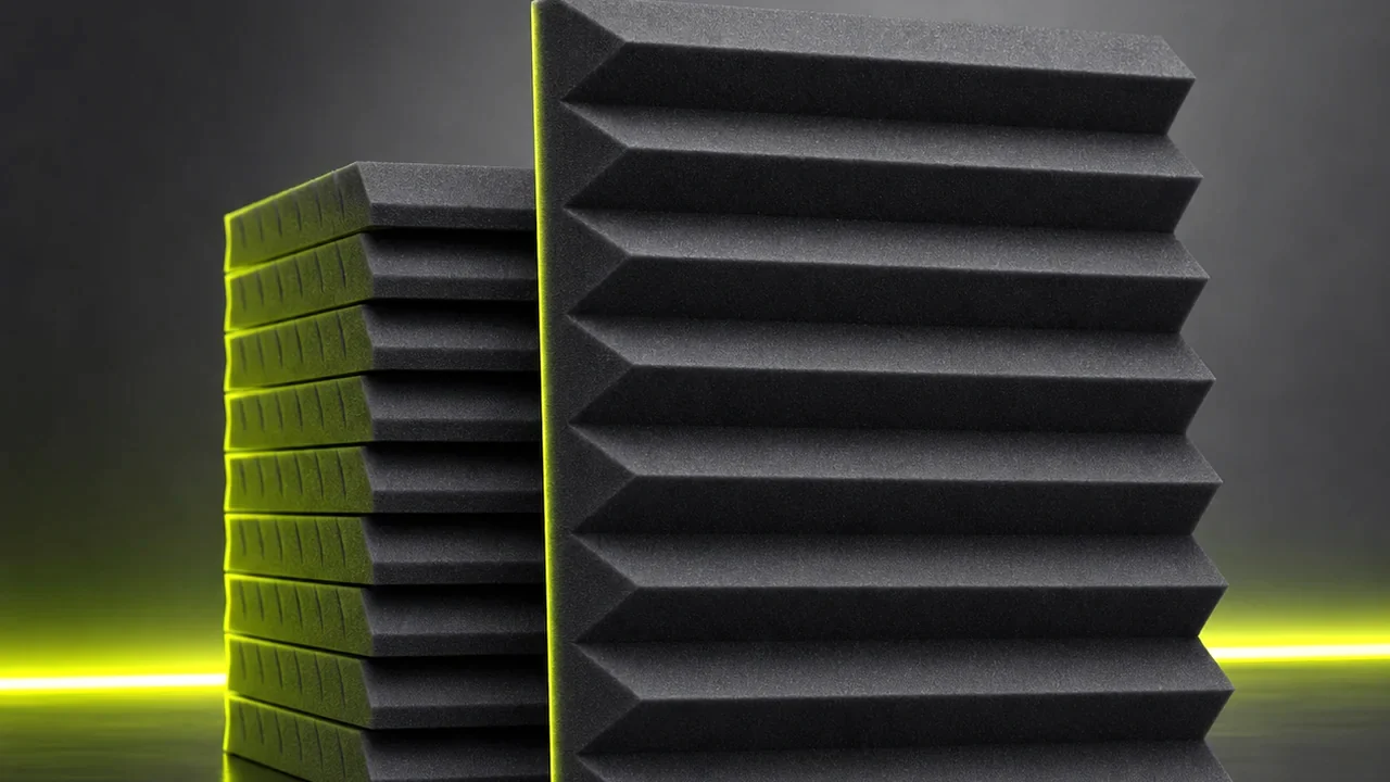 A stack of wedge-cut acoustic foam panels leaning against a bare wall with one panel standing upright. Created with Pixazo AI