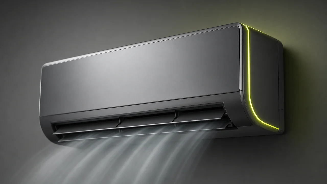 A wall-mounted air-conditioning split unit with louvred vanes and visible air flow. Created with Pixazo AI