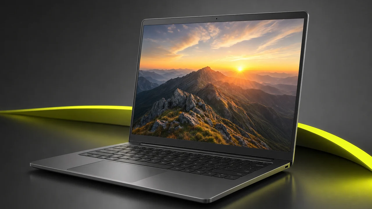 A slim open laptop showing a landscape photograph, with its built-in microphone pinhole on the bezel. Created with Pixazo AI