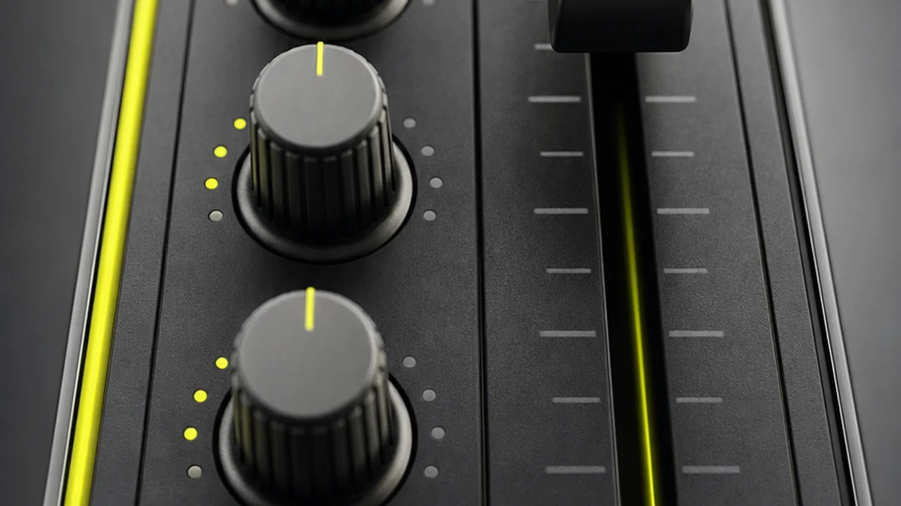 A close-up of a mixing console channel strip with rotary equaliser knobs and one tall fader. Created with Pixazo AI