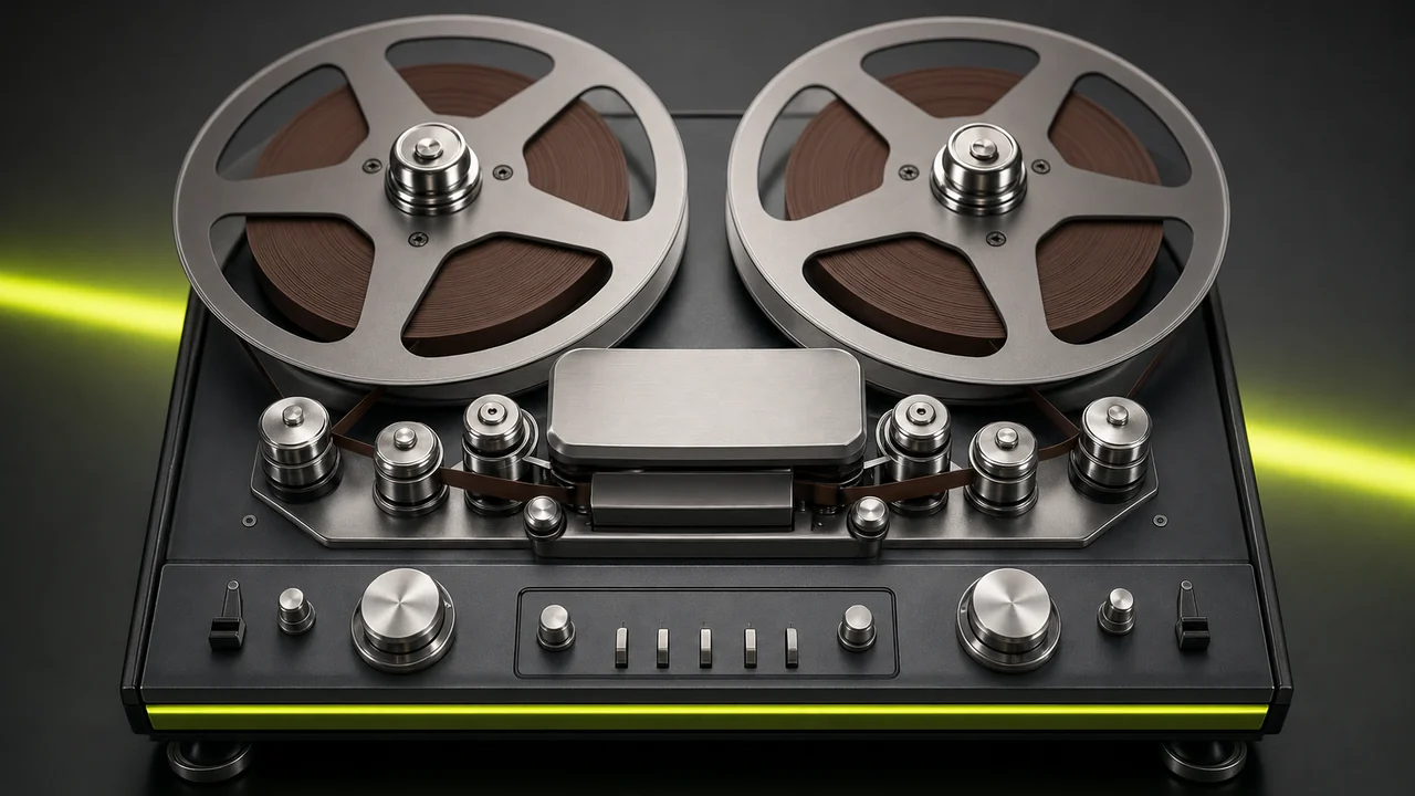 A vintage reel-to-reel magnetic tape machine with two spools of tape and chrome capstans. Created with Pixazo AI