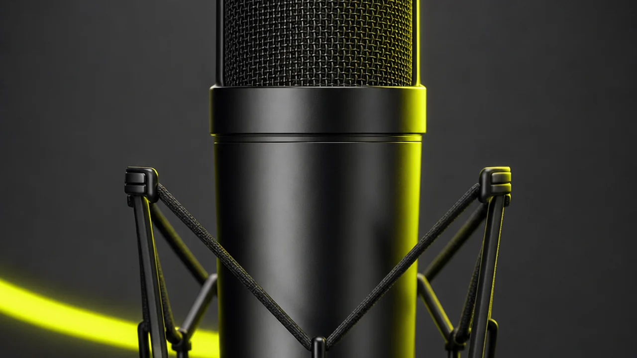 A large-diaphragm studio condenser microphone suspended in a shock mount. Created with Pixazo AI