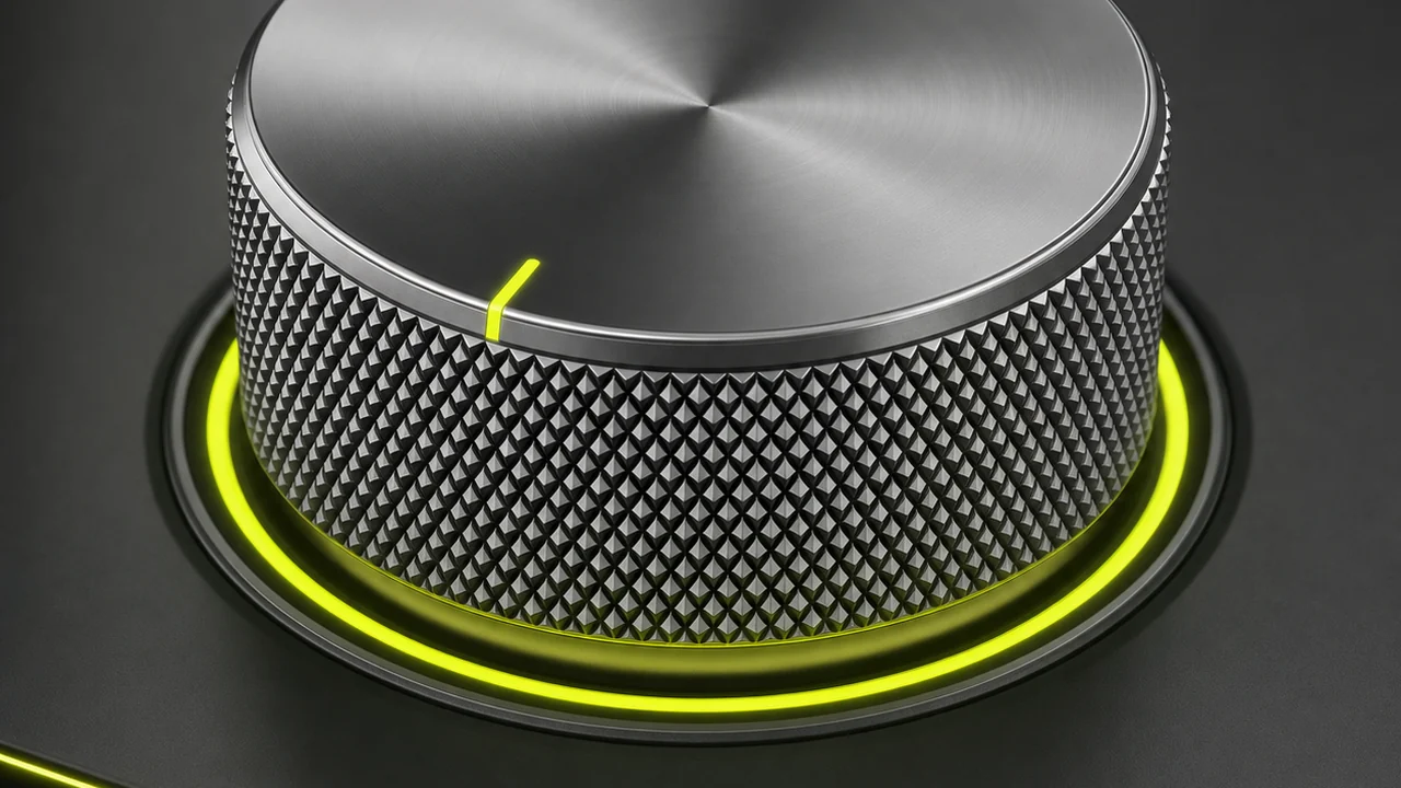 A machined aluminium rotary level control with a glowing lime detent ring around its base, created with Pixazo AI