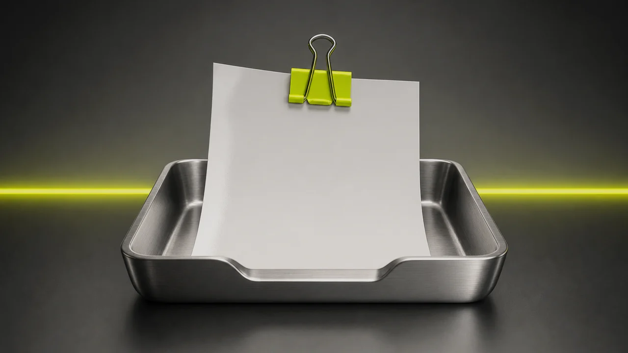 A blank paper delivery slip clipped into a brushed metal tray under studio light, created with Pixazo AI