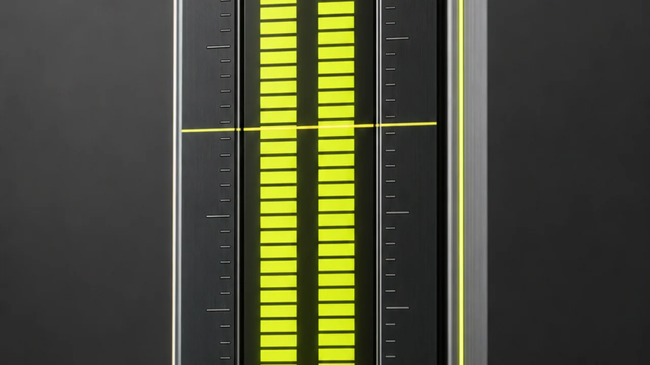 A broadcast loudness meter with a lime target line running across its illuminated bars, created with Pixazo AI