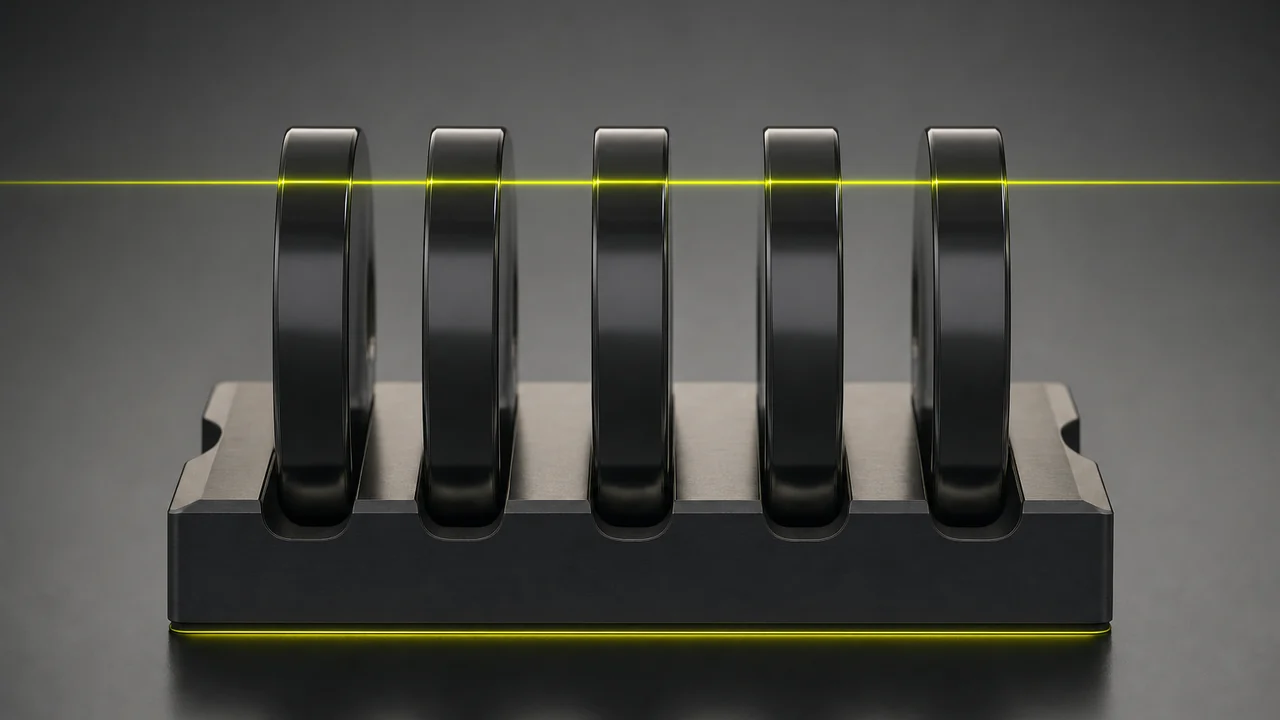 Five identical discs standing in a rack with their tops forming one perfectly level line, created with Pixazo AI