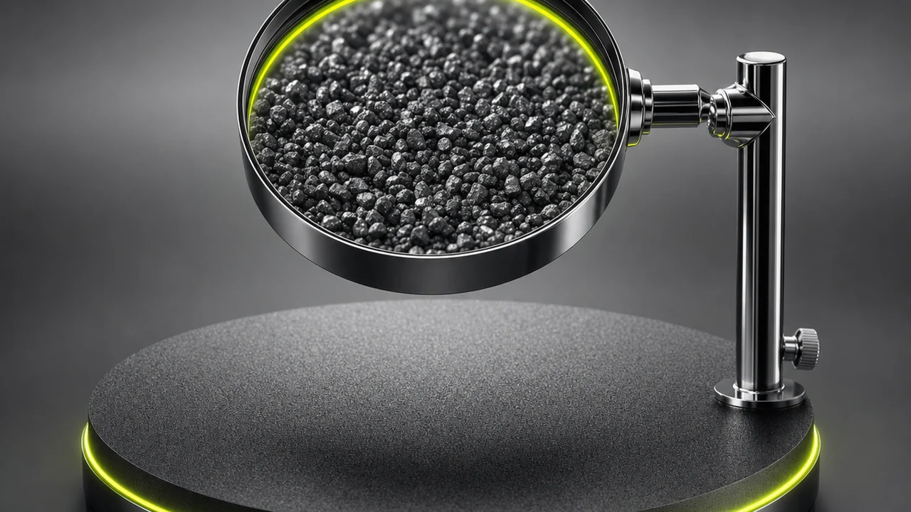 A magnifying lens over a charcoal plate revealing coarse grain in the surface, created with Pixazo AI