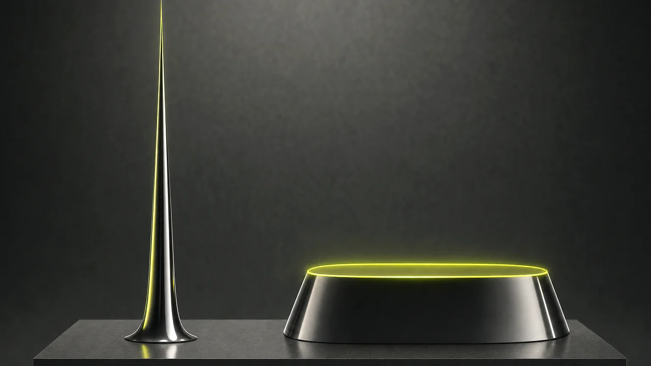 A tall thin spike sculpture beside a broad low plateau of the same material, created with Pixazo AI