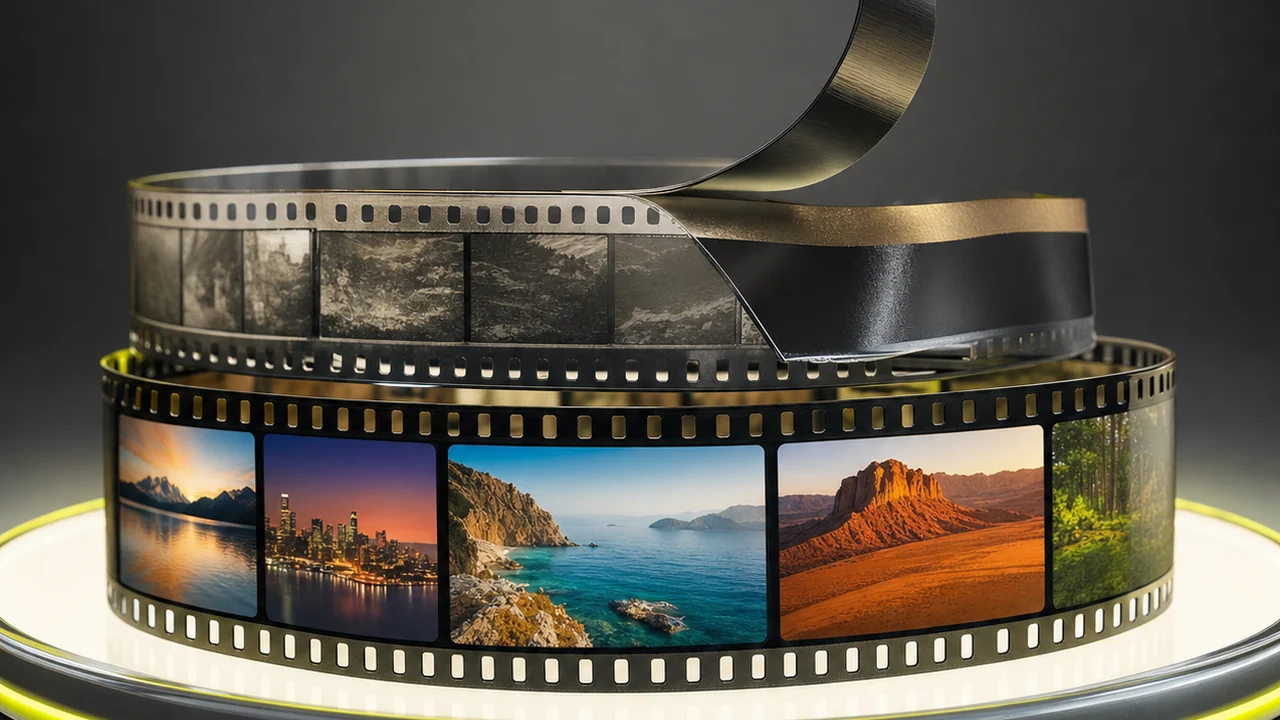 A magnetic audio stripe peeling away from a film strip while the colour frames below stay intact, created with Pixazo AI