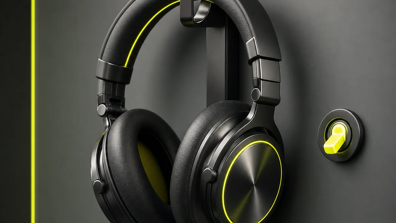 Studio monitor headphones hanging on a hook beside a lit lime toggle switch, created with Pixazo AI