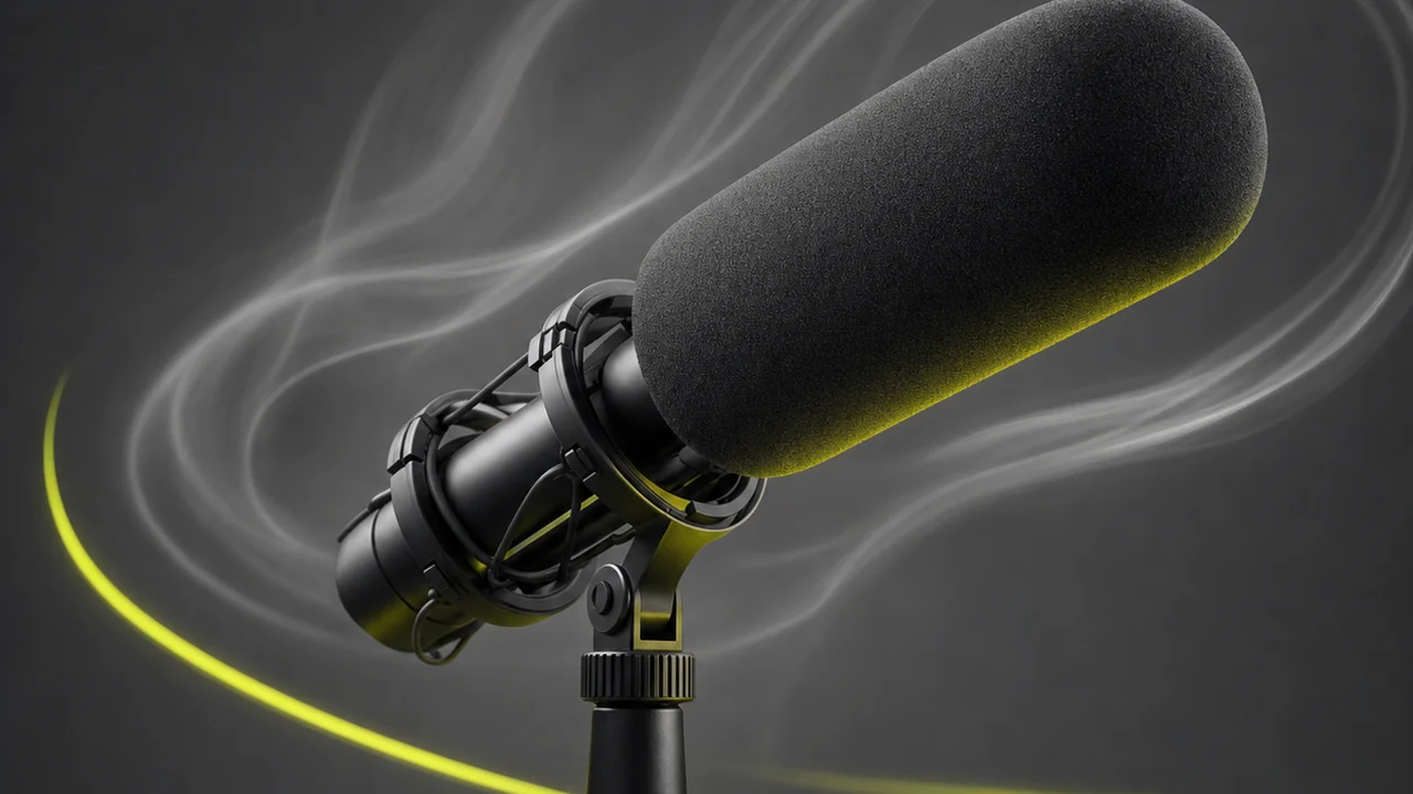 A shotgun microphone in a foam windshield with air currents swirling around it, created with Pixazo AI