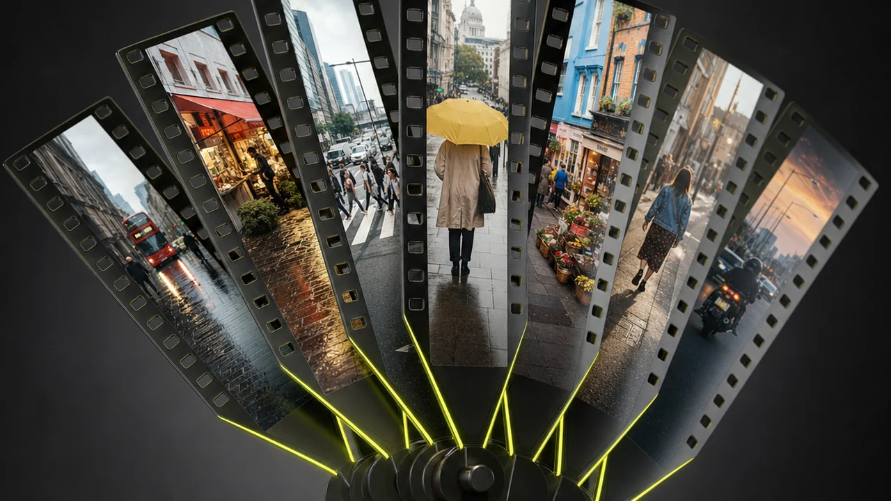 A strip of film frames fanned out like a deck of cards showing full-colour street photography, created with Pixazo AI