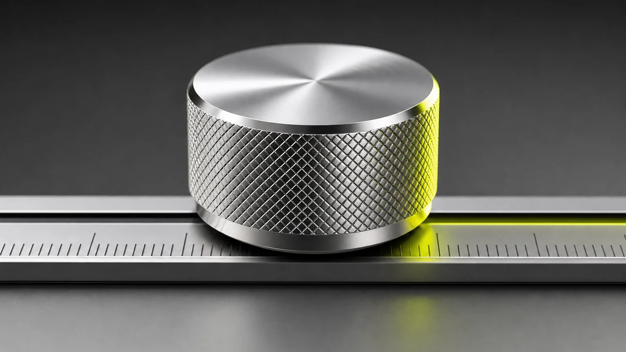A knurled metal thumb knob riding a slim instrument rail on a floating plinth, created with Pixazo AI